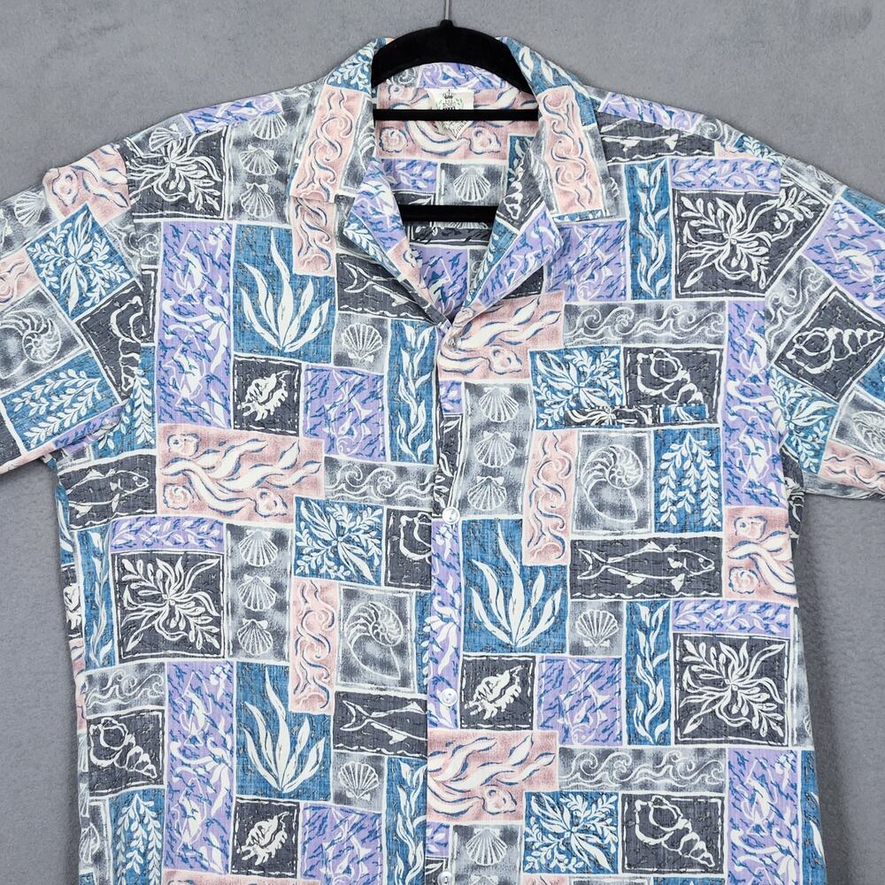 ROYAL CREATIONS HAWAII Shirt Mens Medium Blue Hawaiian Beach Sea Shells Fish